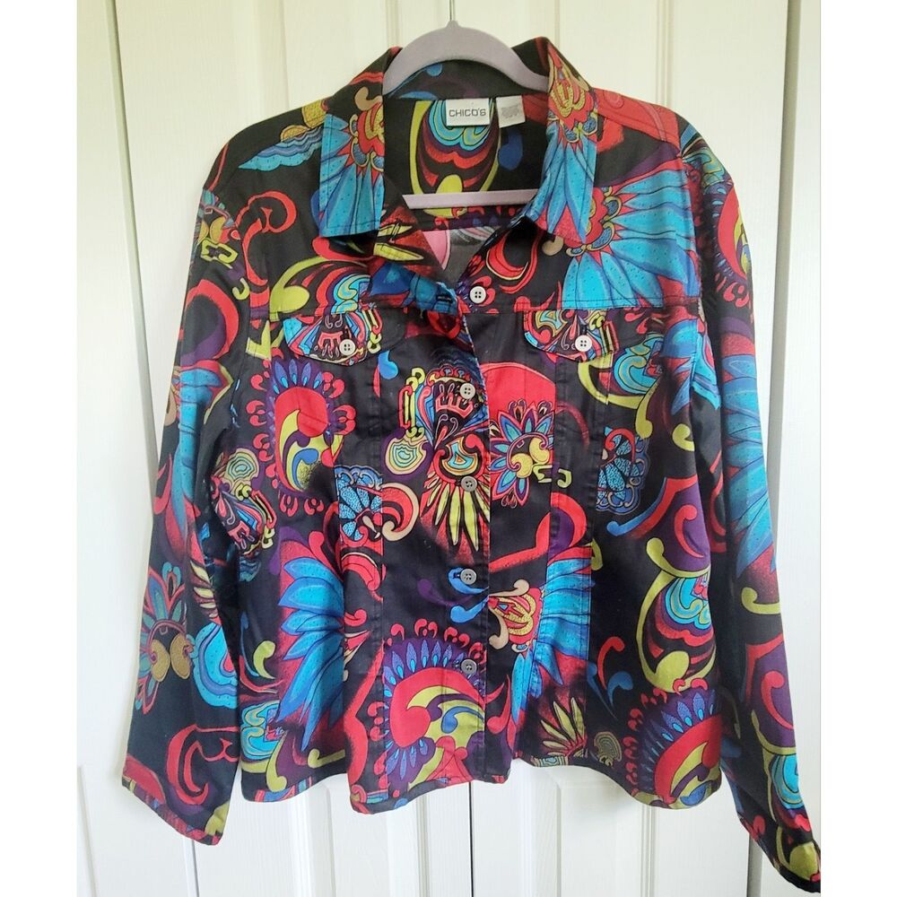 Chico's 3 Vibrant Abstract Button Front Tailored Shirt Jacket XL Cotton Blnd LS